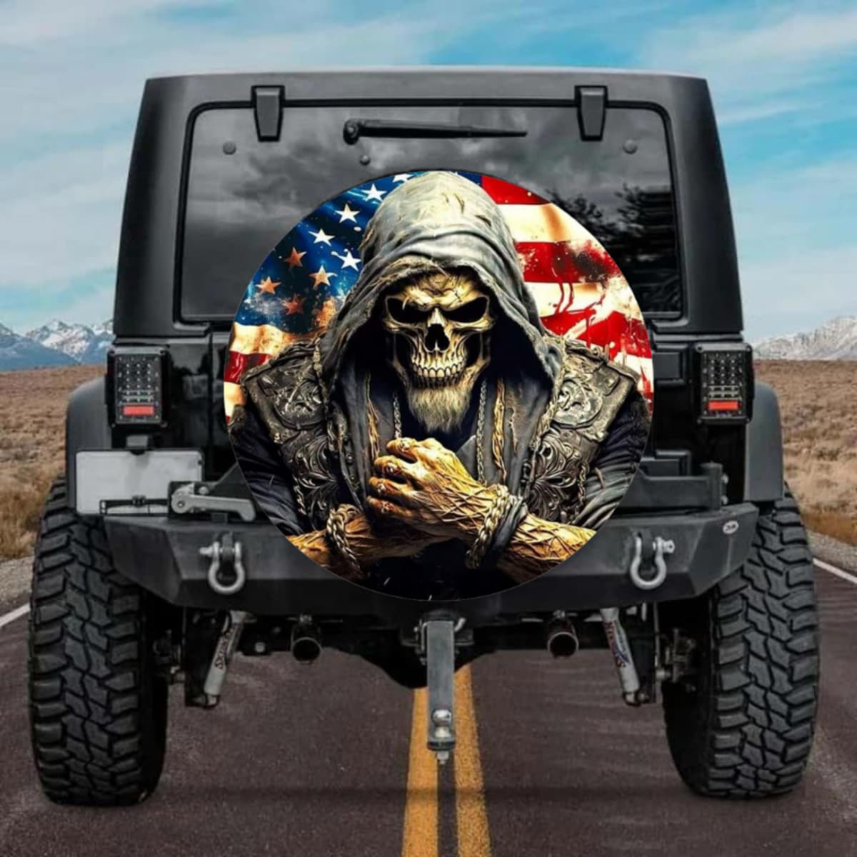 Hooded Skull with American Flag Spare Tire Cover - Biker Style Art