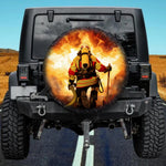 Firefighter Kneeling in Intense Flames Spare Tire Cover