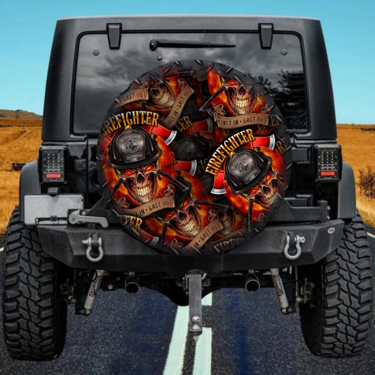 Firefighter Skull First In Last Out Collage Spare Tire Cover
