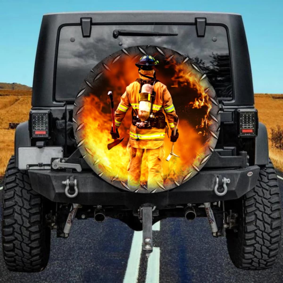 Firefighter Standing in Flames Spare Tire Cover