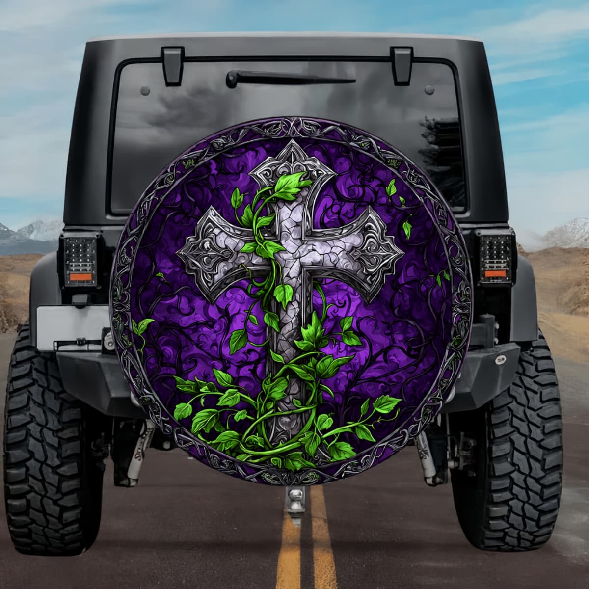 Gothic Stone Cross Ivy Vine Violet Stained Glass Spare Tire Cover