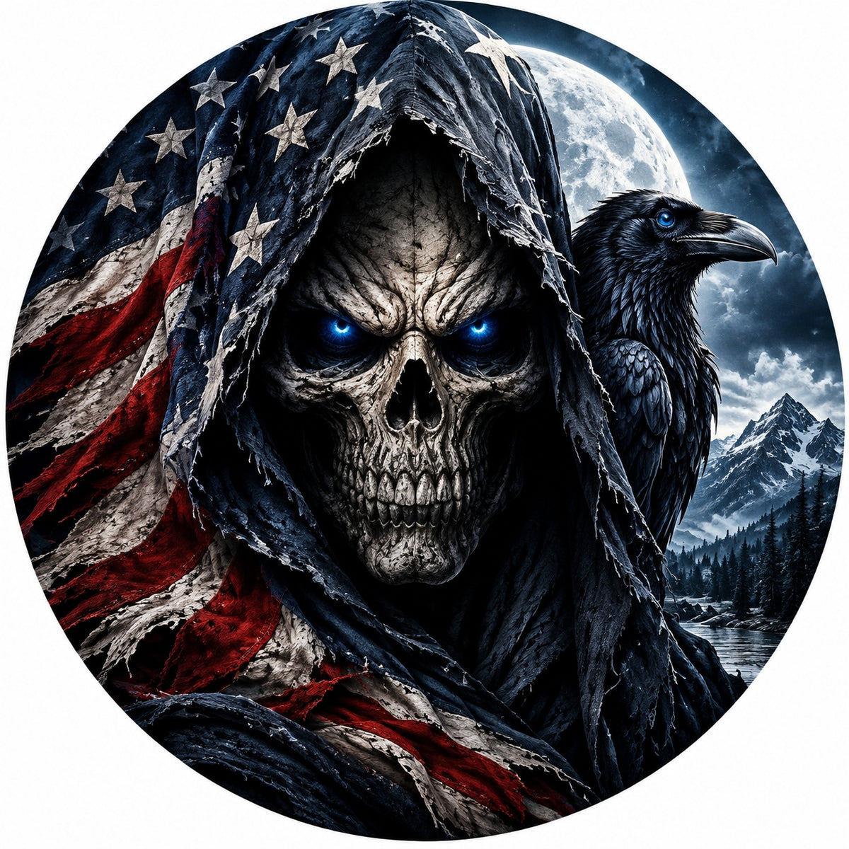 Patriotic American Flag Grim Reaper Raven Spare Tire Cover