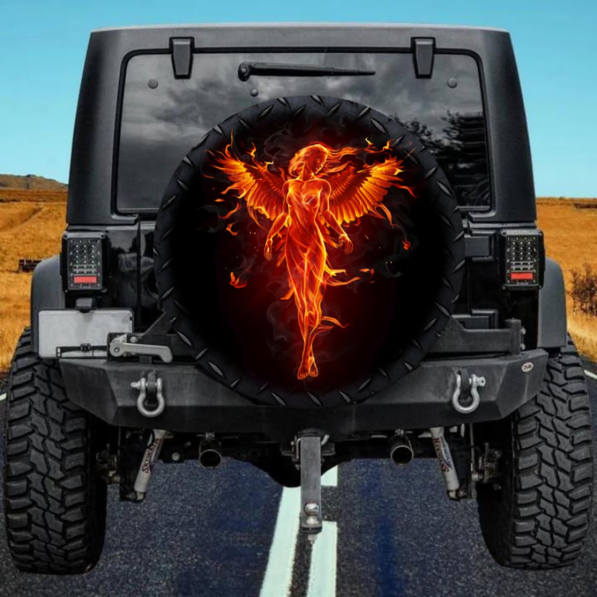 Flaming Phoenix Goddess with Wings Spare Tire Cover