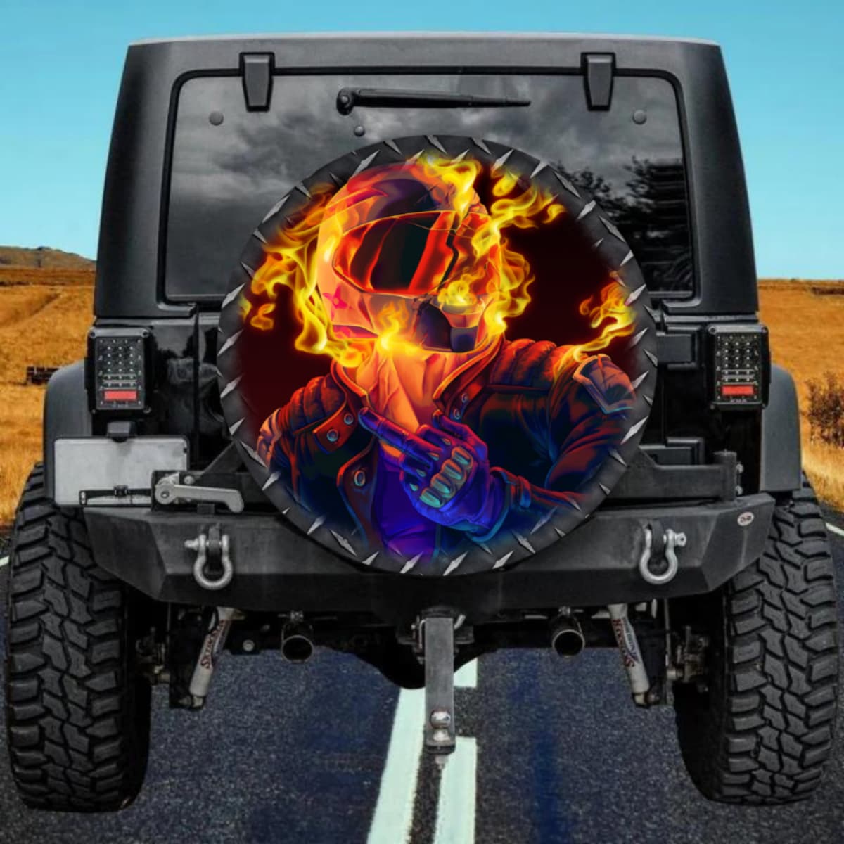 Flaming Motorcycle Helmet Neon Rider Spare Tire Cover