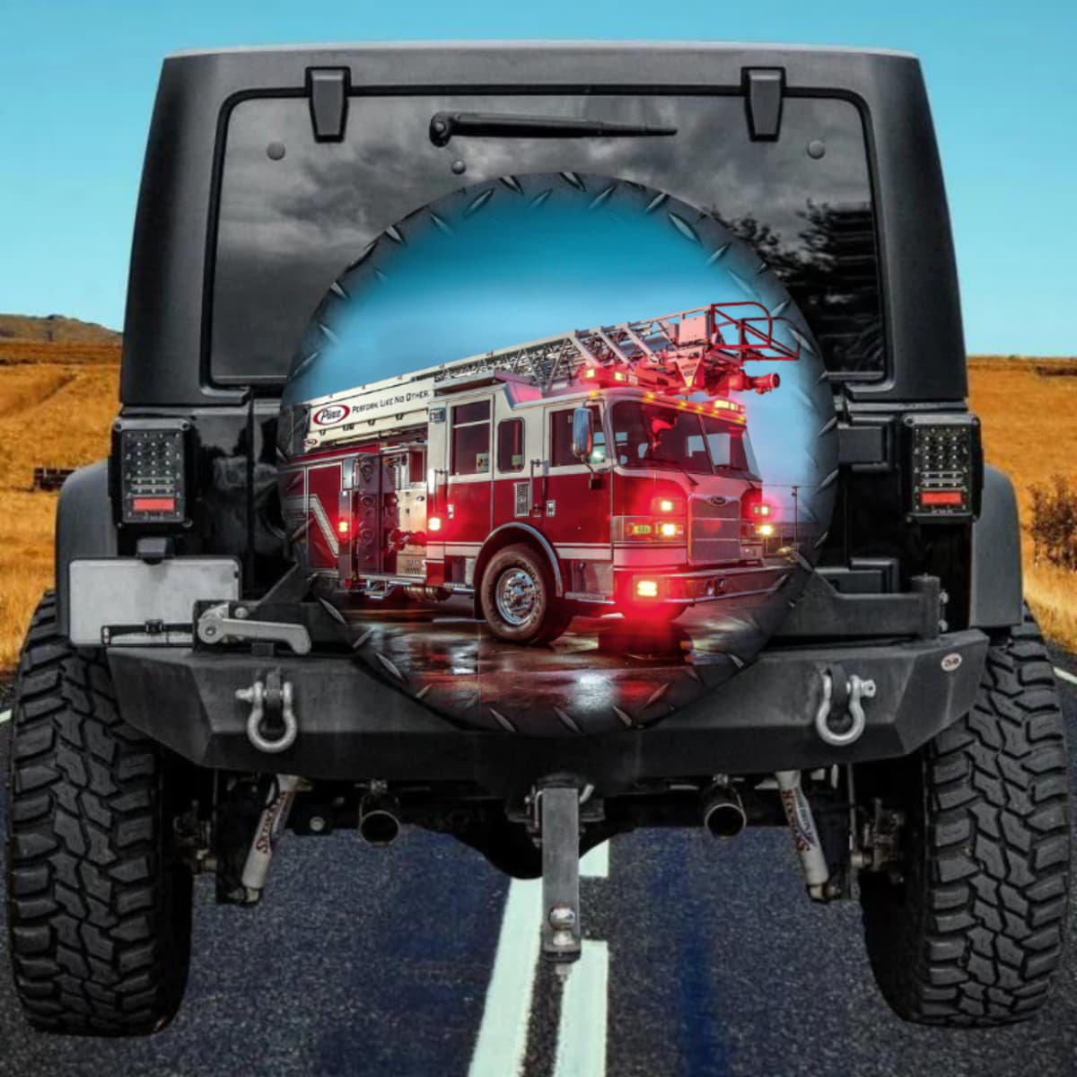 Modern Fire Truck with Flashing Lights Spare Tire Cover