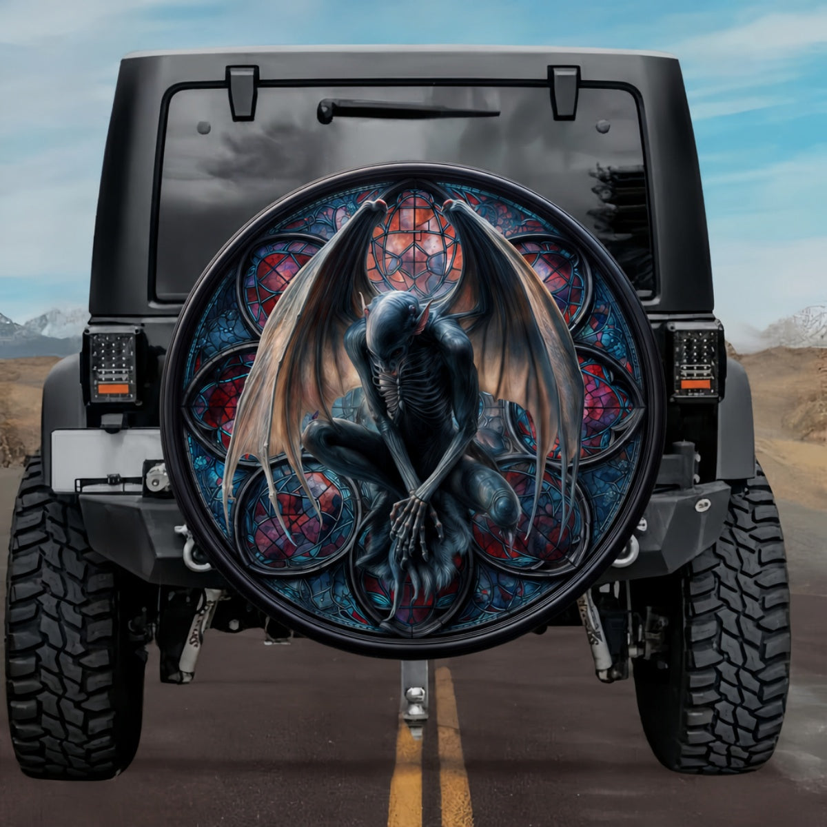 Gothic Mothman Cryptid Cobalt Blue Stained Glass Spare Tire Cover