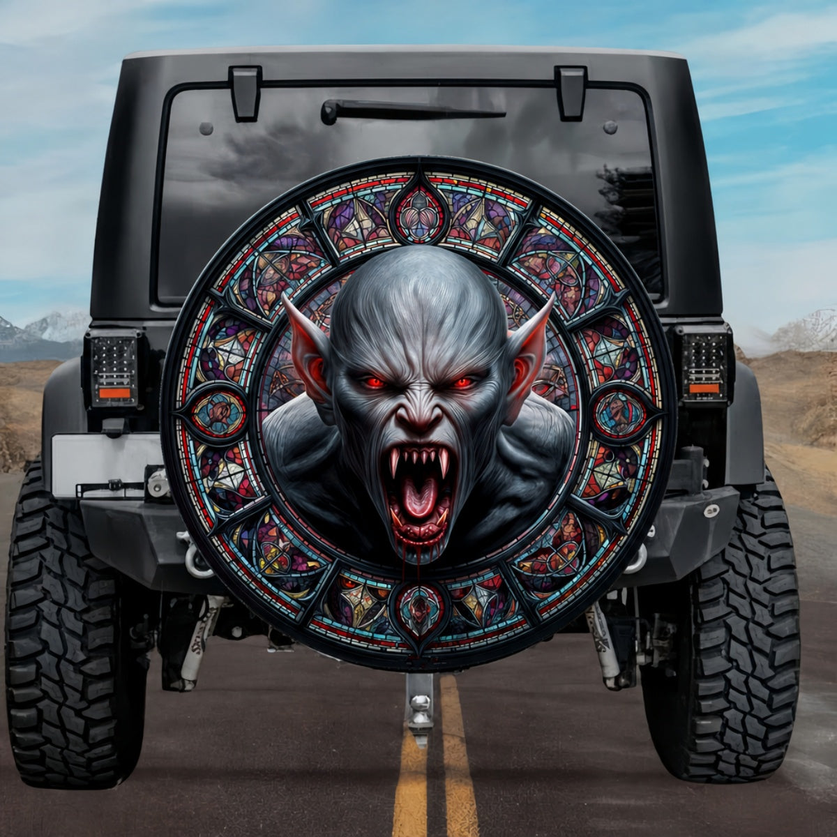 Gothic Crypt Vampire Lord Glowing Red Eyes Stained Glass Spare Tire Cover