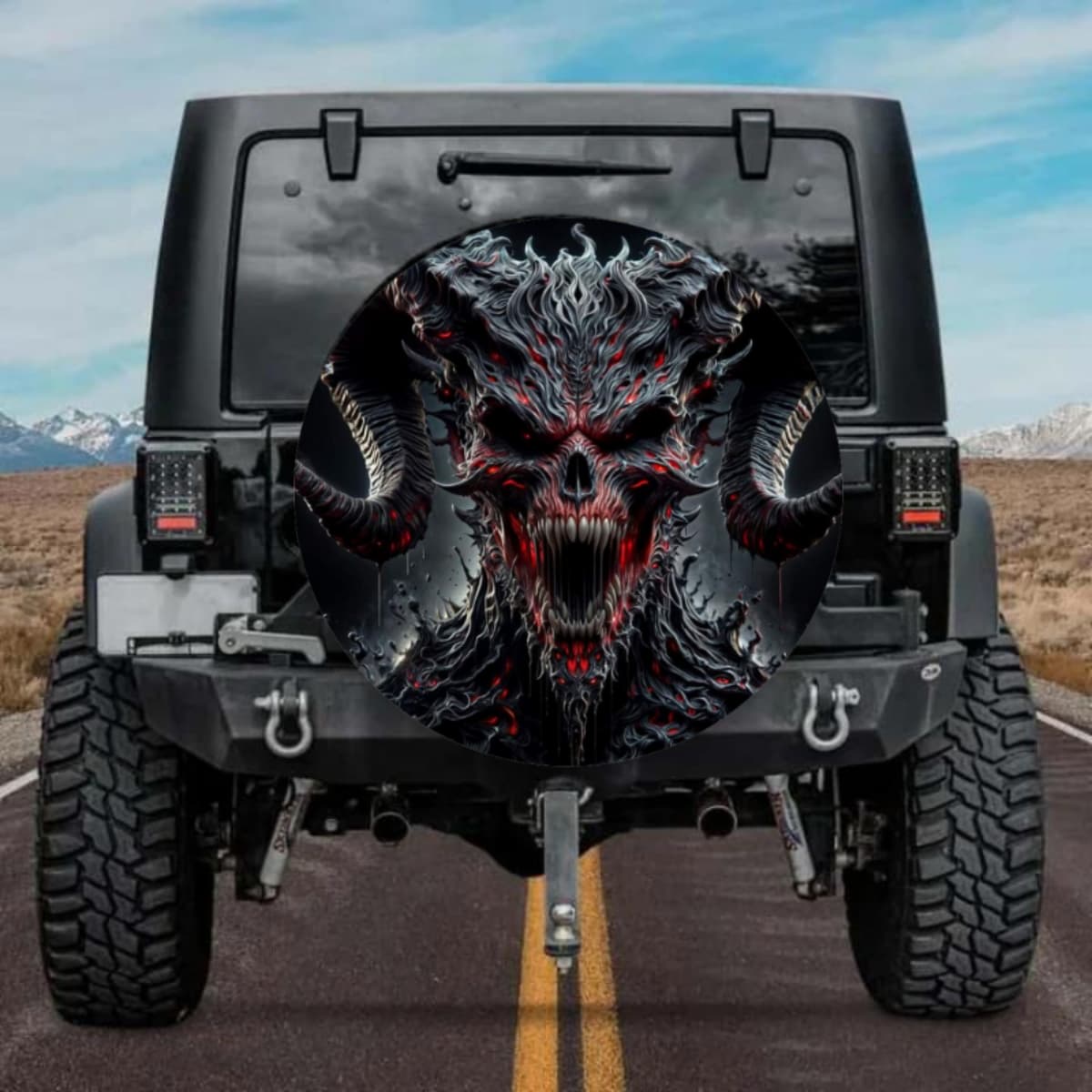 Evil Horned Demon Skull Spare Tire Cover - Red Glow Dark Art