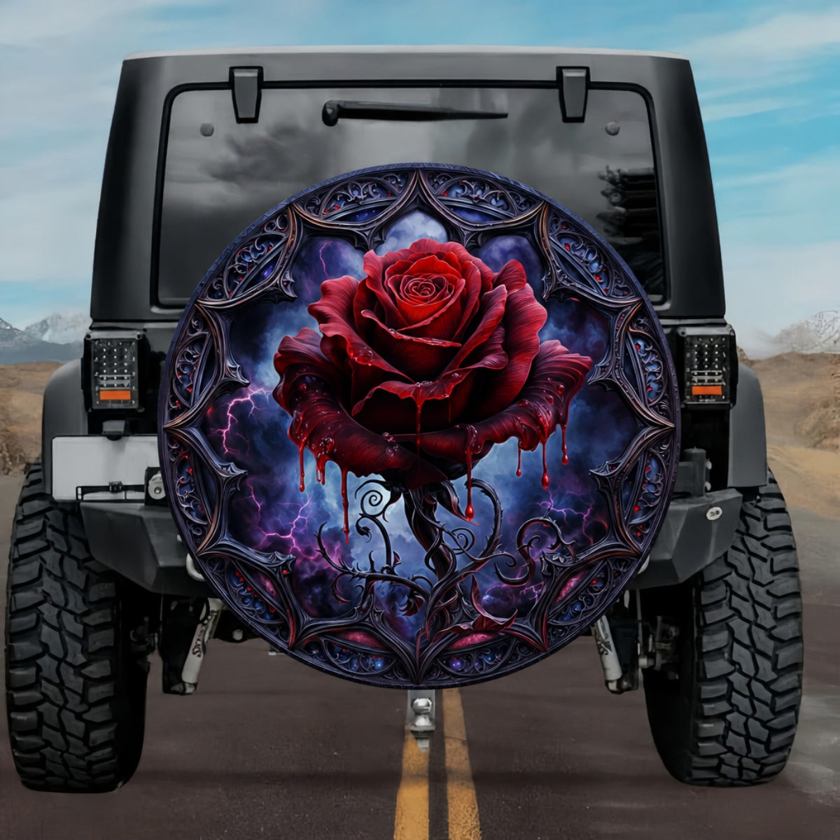 Gothic Dripping Blood Red Rose Lightning Stained Glass Spare Tire Cover