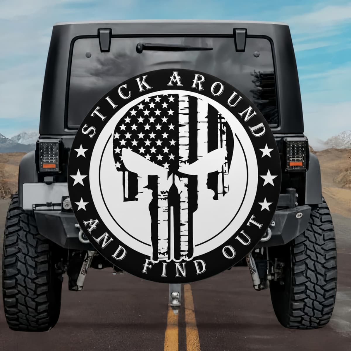 Stick Around And Find Out Punisher Skull American Flag Spare Tire Cover