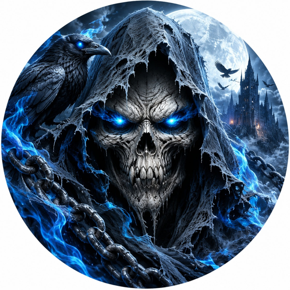 Gothic Blue Flame Grim Reaper Raven Moon Spare Tire Cover