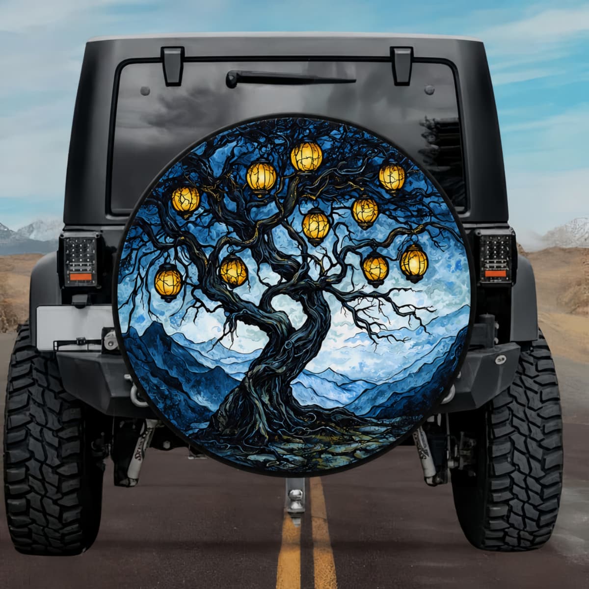 Tactical Gothic Haunted Tree Glowing Lanterns Blue Spare Tire Cover