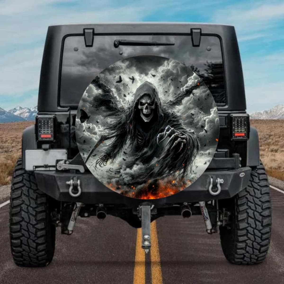 Detailed Grim Reaper with Ravens Graphic Spare Tire Cover