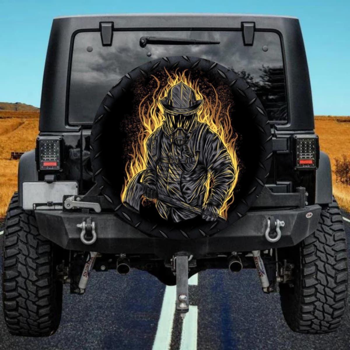 Golden Flame Firefighter Spare Tire Cover