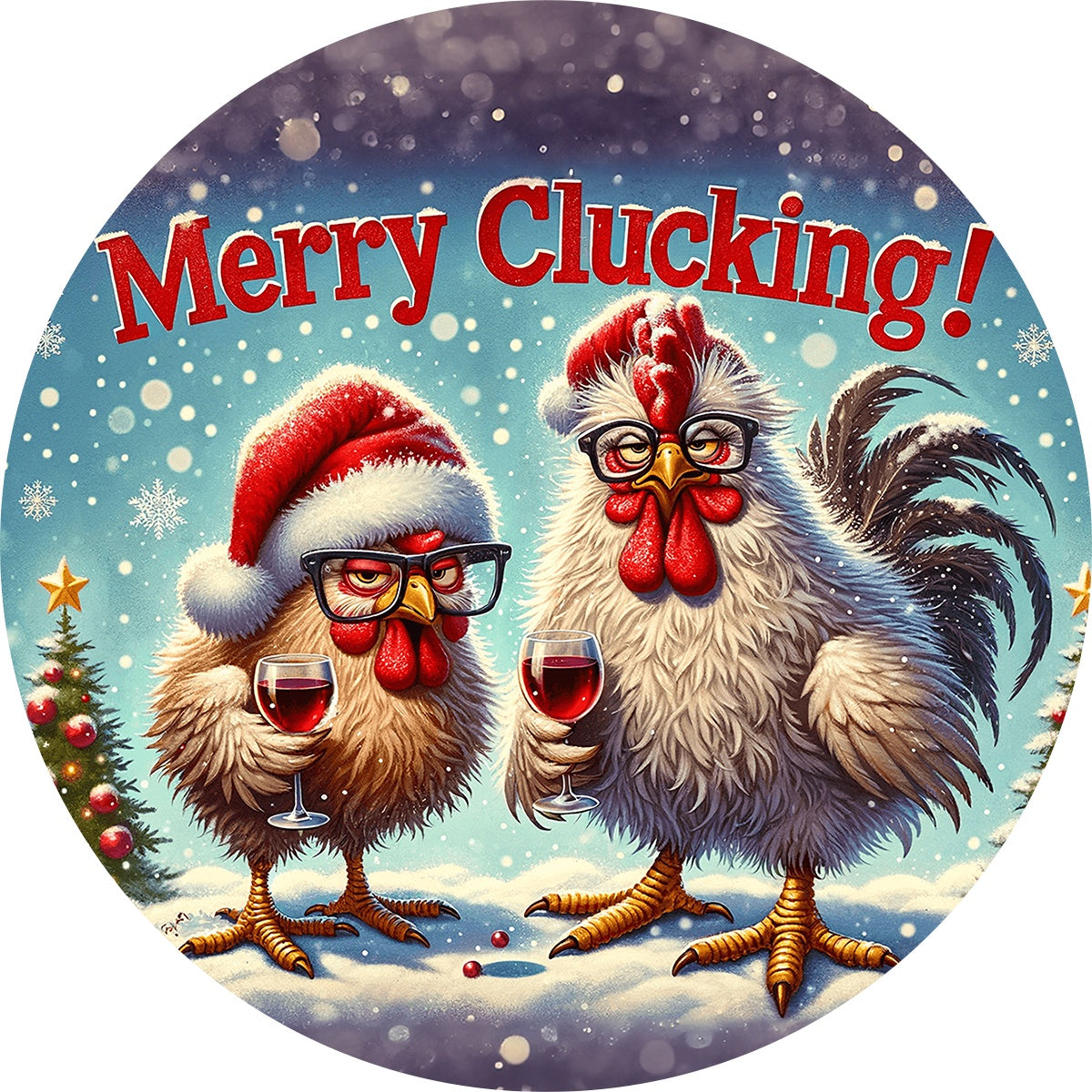 Holiday Country Farmhouse Blue Snow Wine Drinking Chicken Spare Tire Cover - Jeep, Bronco, RV, Camper & More