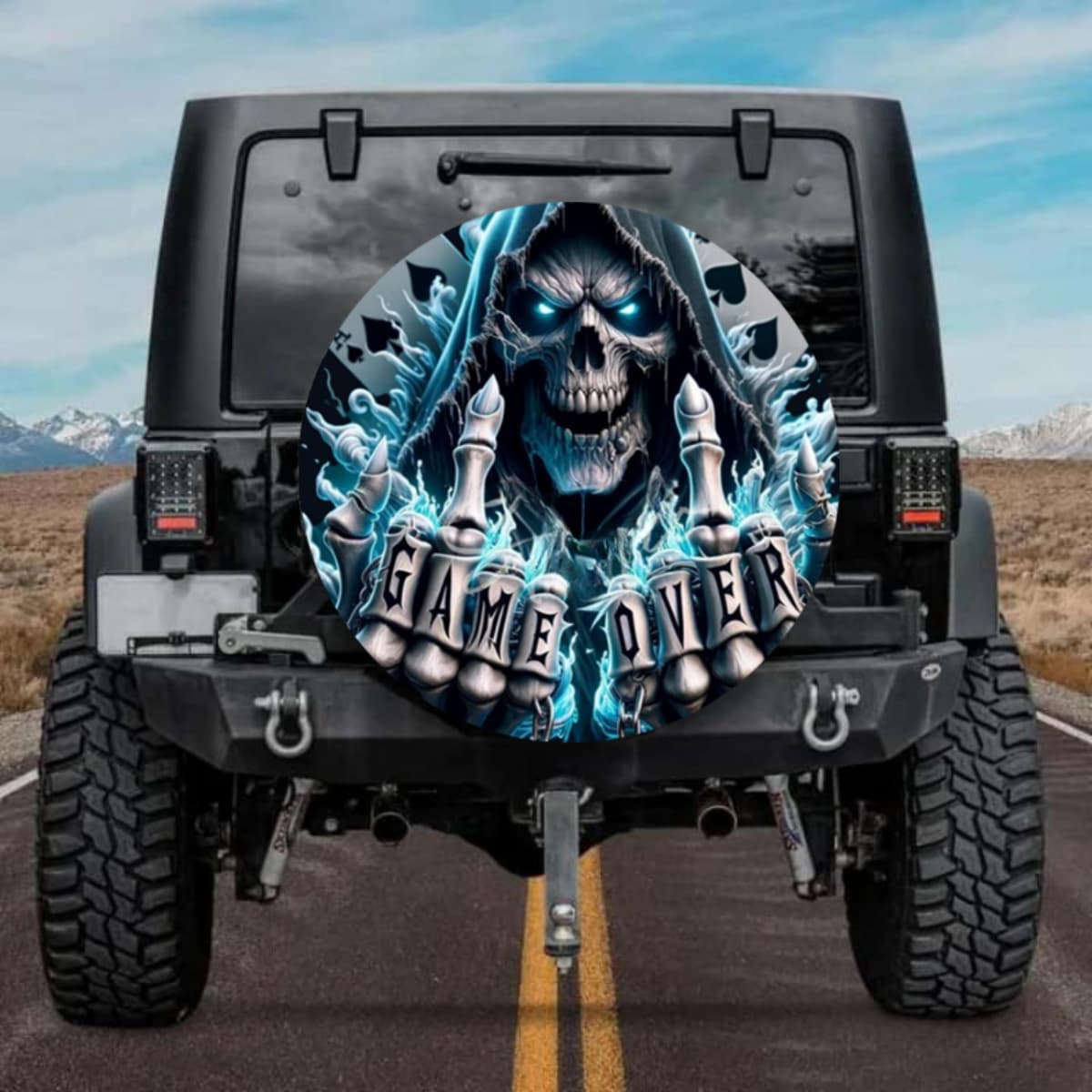 Game Over Reaper Spare Tire Cover - Blue Flame Skull Art