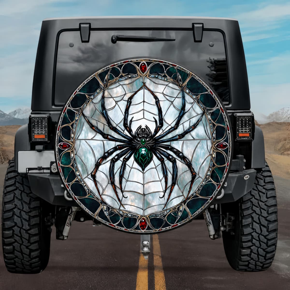 Gothic Jewel Spider Web Stained Glass Spare Tire Cover