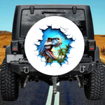 Rip Through Wall Tropical Palm Trees Jurassic Oasis Blue T-Rex Tire Cover