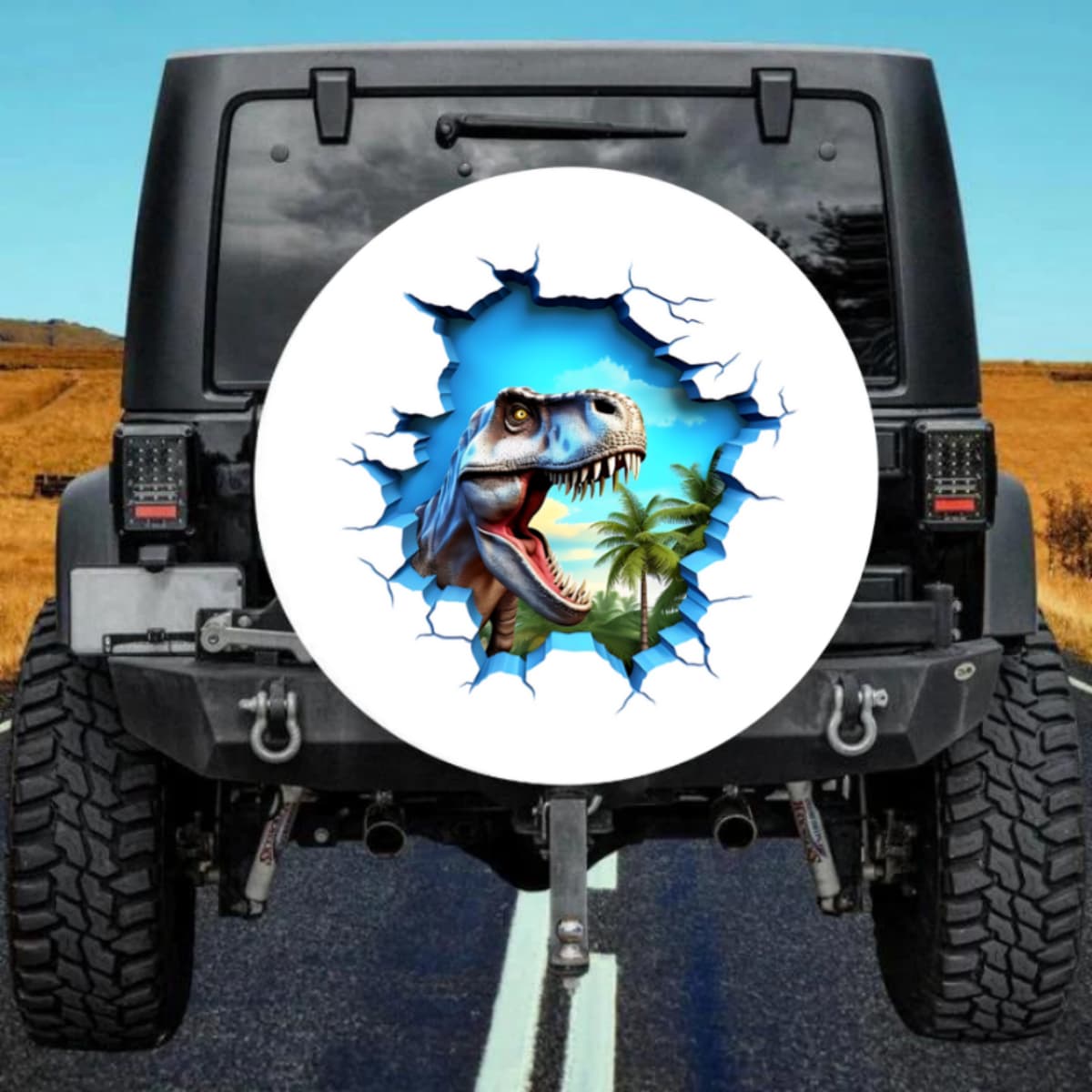 Rip Through Wall Tropical Palm Trees Jurassic Oasis Blue T-Rex Tire Cover