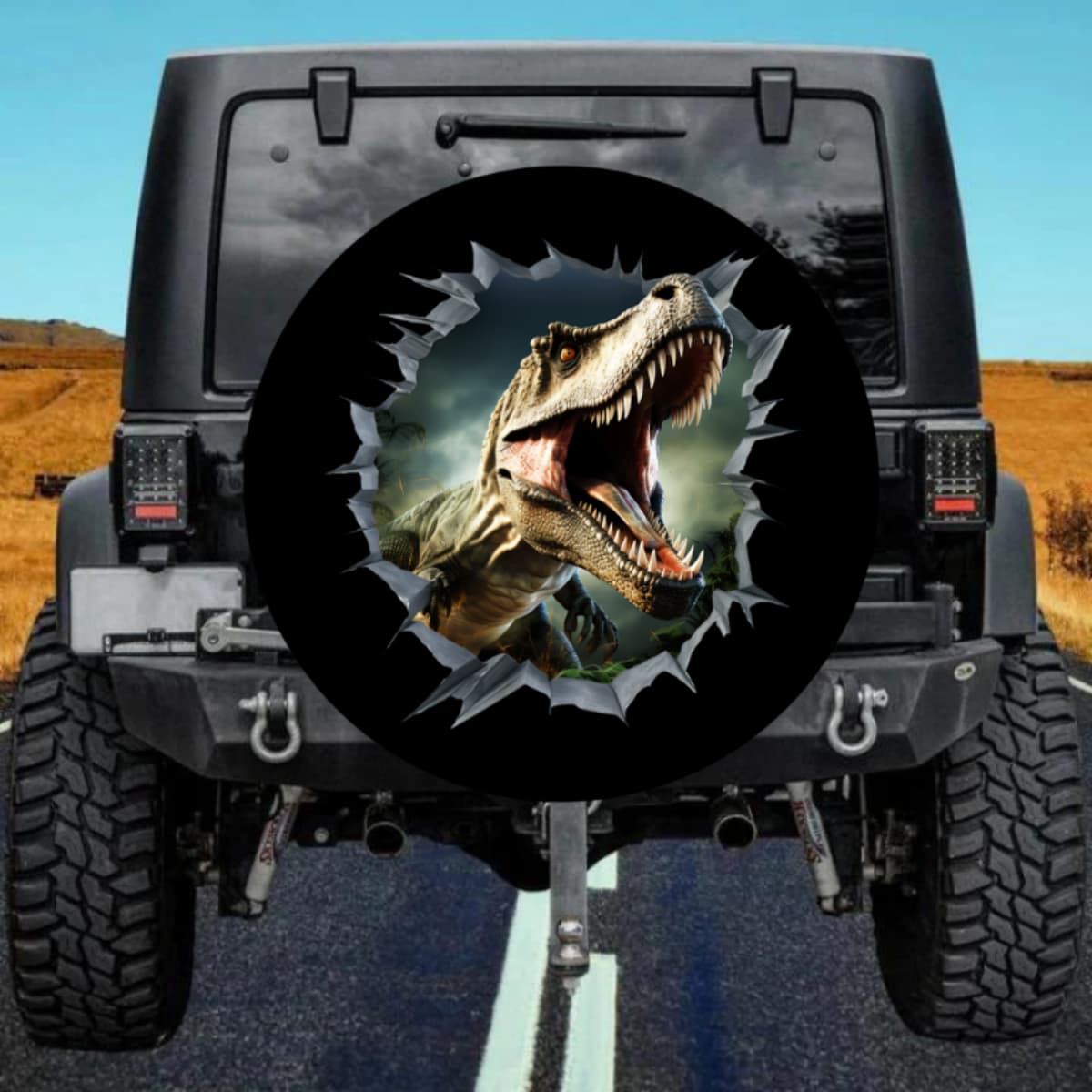 Off-Road Adventurer Favorite 3D Blue Dinosaur Island Sunrise Tire Cover