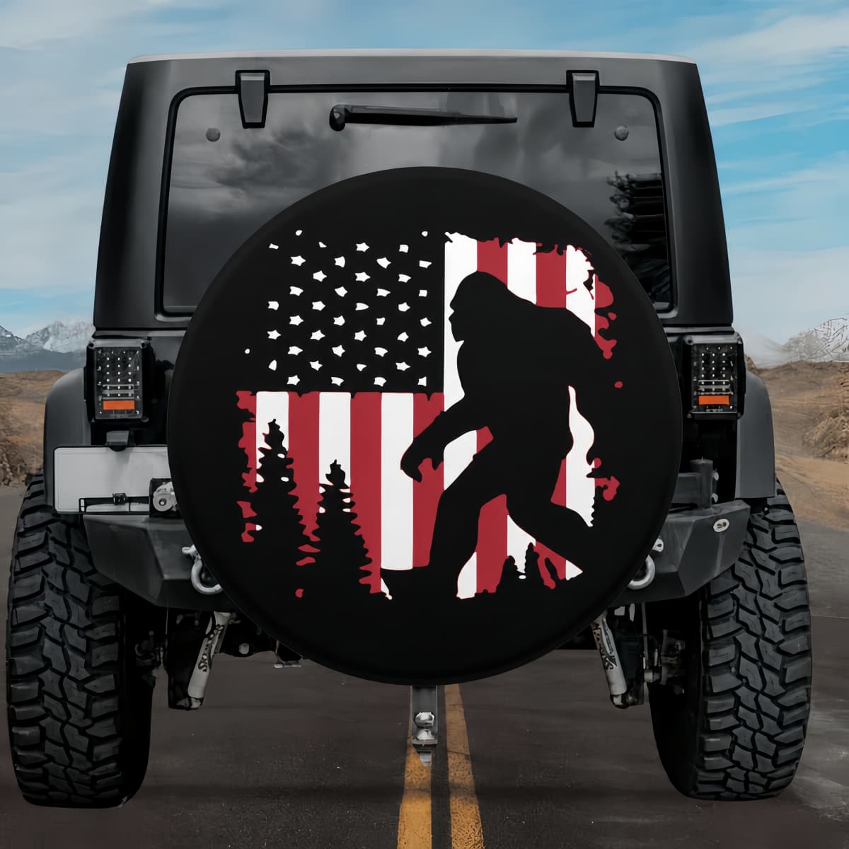Bigfoot or Sasquatch American Flag Spare Tire Cover for Bronco, Jeep, Camper, RV, & More