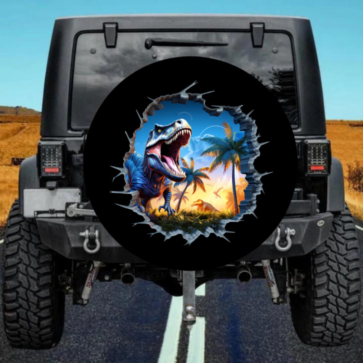 The Sunset Oasis 3D Rip-Out T-Rex Tropical Blue Spare Tire Cover