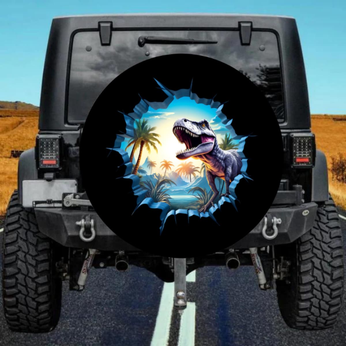 3D Breaking Through T-Rex Dinosaur Island Spare Tire Cover for Jeep Wrangler