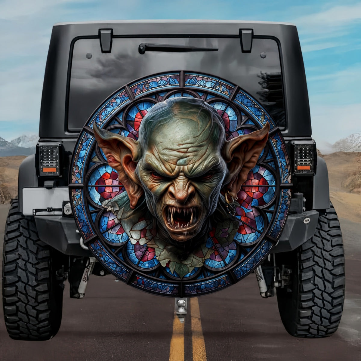 Gothic Vampire Nosferatu Sovereign Cobalt Blue Stained Glass Spare Tire Cover