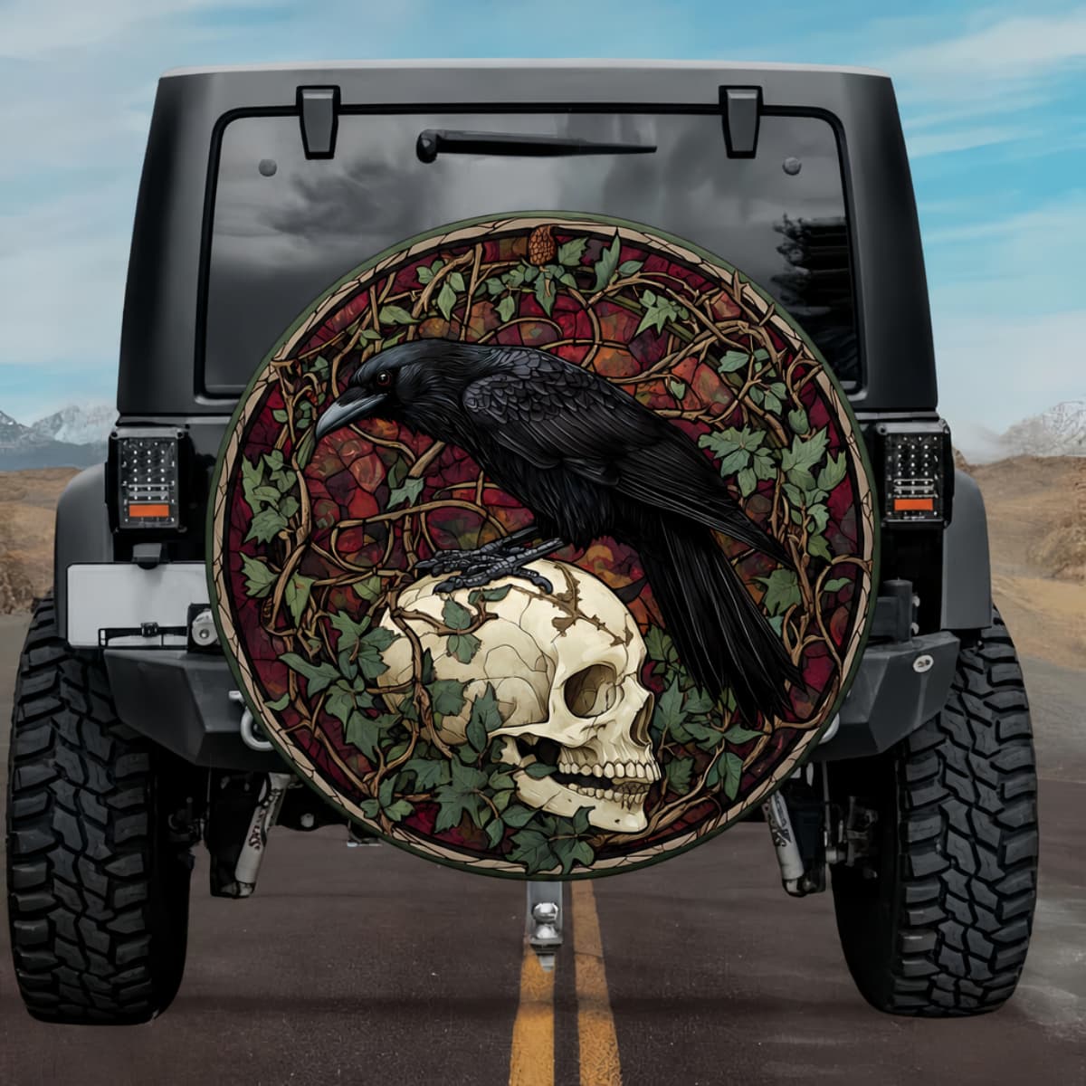 Gothic Raven on Skull Crimson Stained Glass Spare Tire Cover