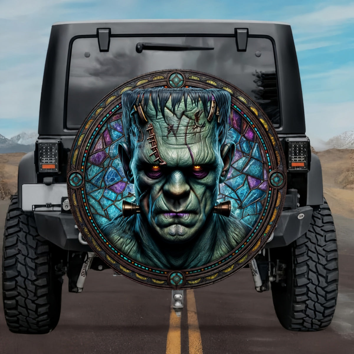 Gothic Reanimated Stitched Monster Cyan Stained Glass Spare Tire Cover