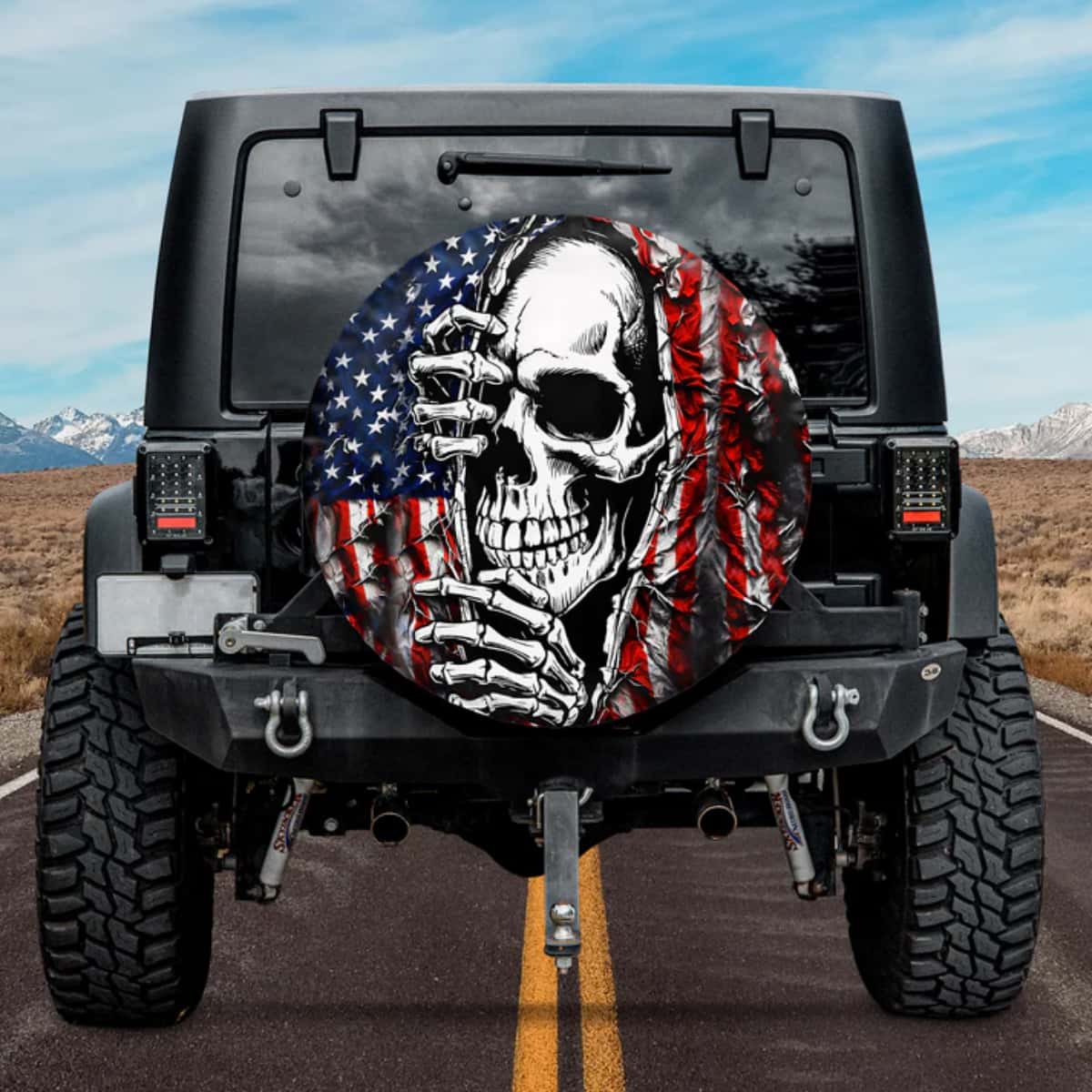 American Flag Rip Through Skull Spare Tire Cover