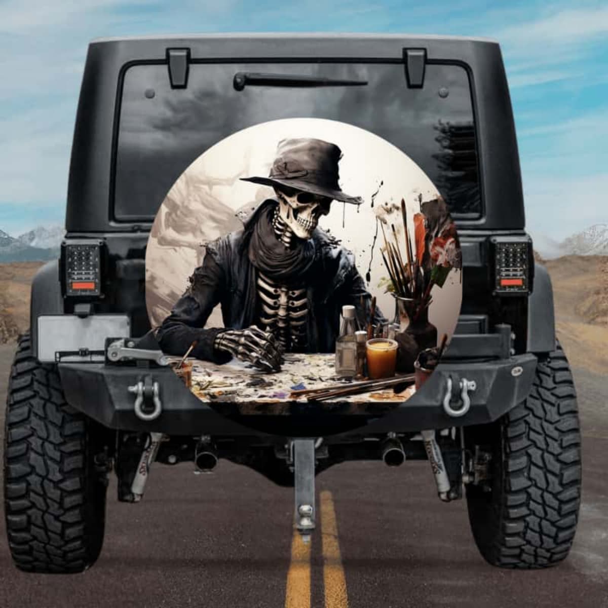 Skeleton Artist with Fedora Spare Tire Cover