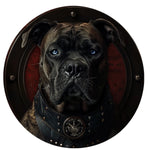 Blue-Eyed Brindle Dog in Tactical Shield Spare Tire Cover