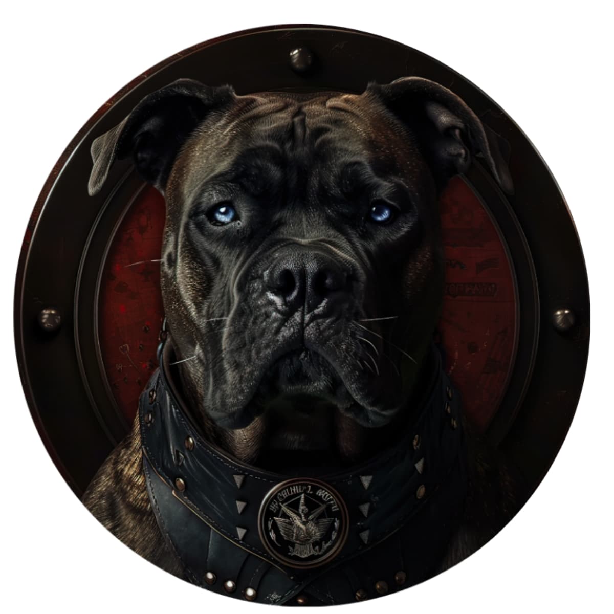Blue-Eyed Brindle Dog in Tactical Shield Spare Tire Cover