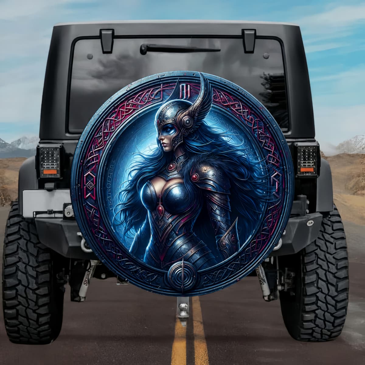 Gothic Valkyrie Gondul Norse Runes Azure Shield Spare Tire Cover