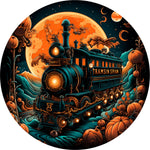 Vintage Train Spare Tire Cover - Halloween Moon & Pumpkin Art