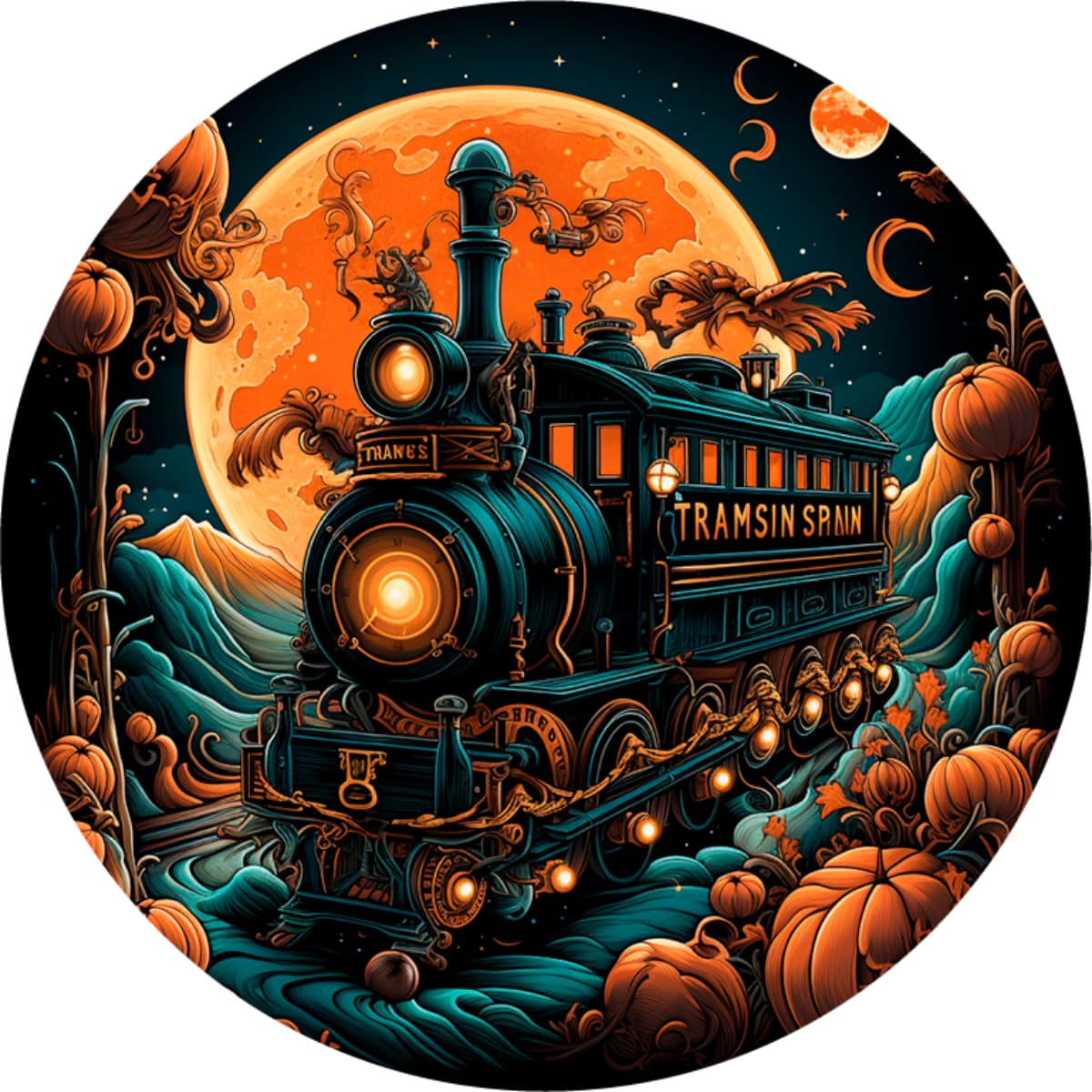 Vintage Train Spare Tire Cover - Halloween Moon & Pumpkin Art