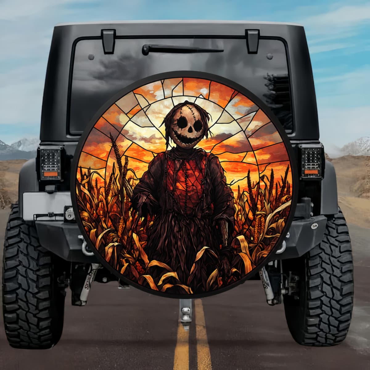 Gothic Evil Scarecrow Autumn Cornfield Amber Stained Glass Spare Tire Cover