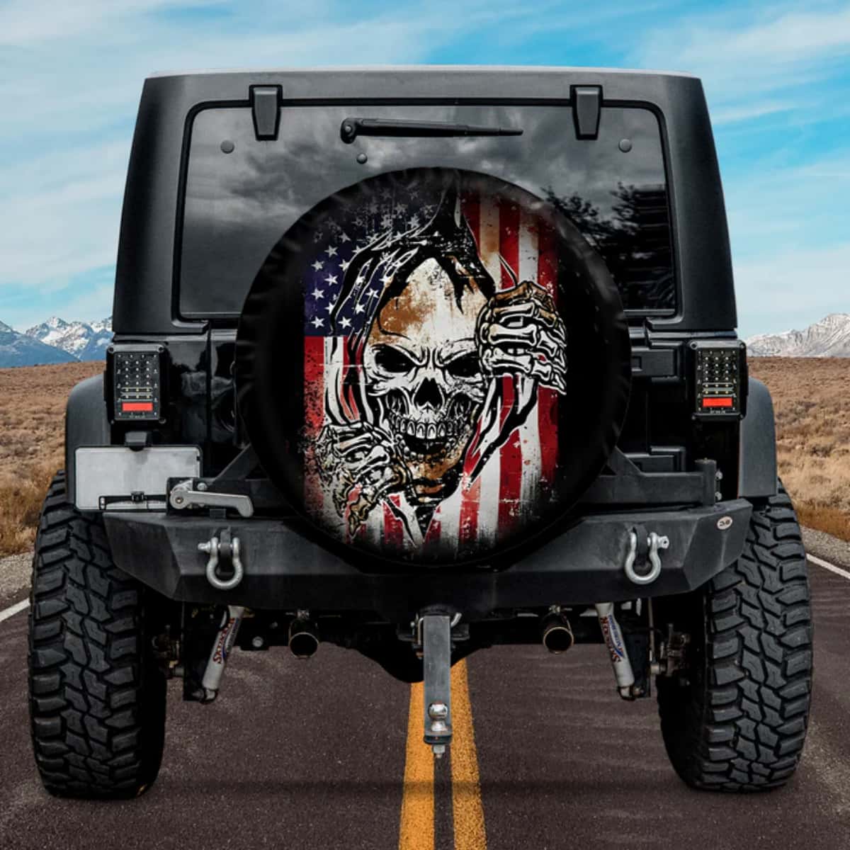 Distressed American Flag Rip Through Skull Spare Tire Cover