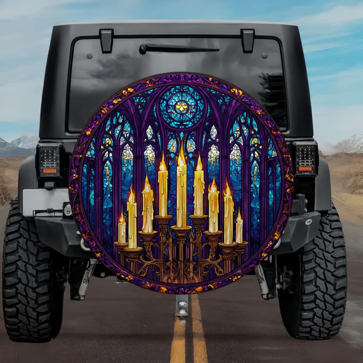 Gothic Cathedral Window Glowing Candles Violet Stained Glass Spare Tire Cover