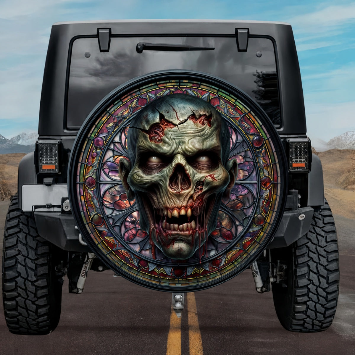 Gothic Undead Zombie Skull Stained Glass Spare Tire Cover