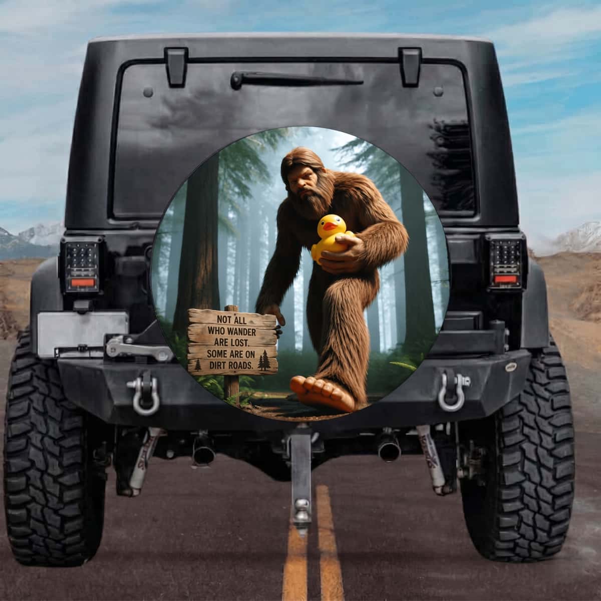 Bigfoot Holding Rubber Duck Spare Tire Cover for Jeep Wrangler & Bronco