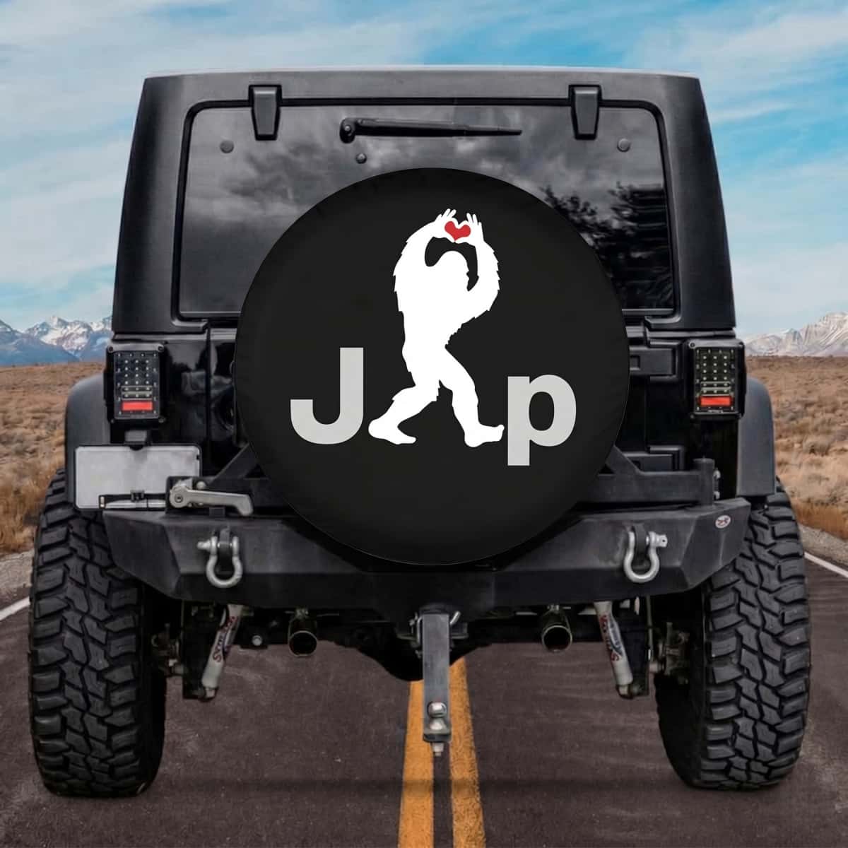 Minimalist Sasquatch Heart Sign Lettering Play Black Spare Tire Cover