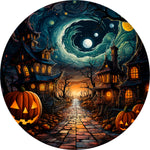 Artistic Halloween Spare Tire Cover - Gothic Village & Pumpkin Art
