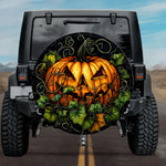 Gothic Jack O Lantern Carved Pumpkin Ivy Vine Stained Glass Spare Tire Cover