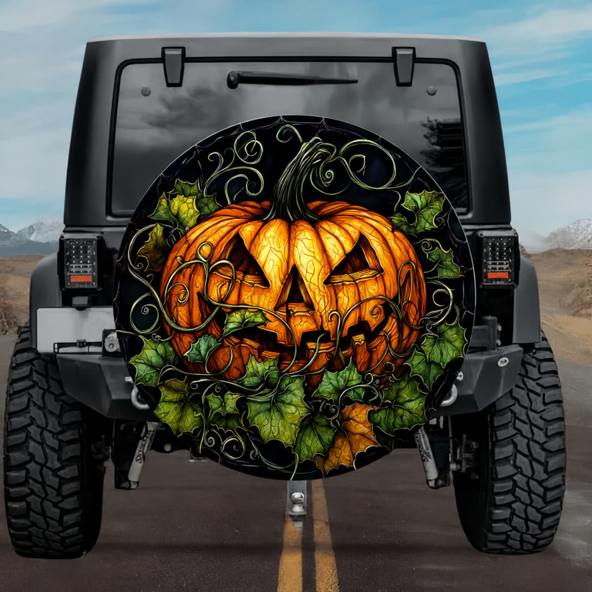 Gothic Jack O Lantern Carved Pumpkin Ivy Vine Stained Glass Spare Tire Cover