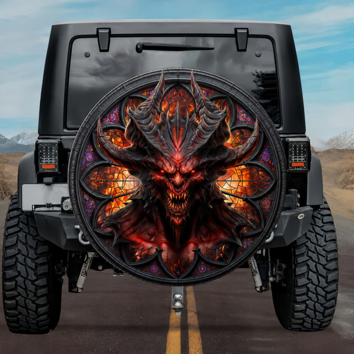 Gothic Demon Fiery Horns Crimson Stained Glass Spare Tire Cover