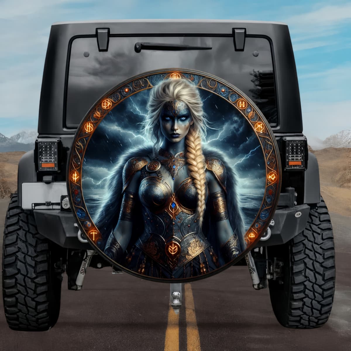 Gothic Valkyrie Goll Tumult Norse Runes Lightning Spare Tire Cover