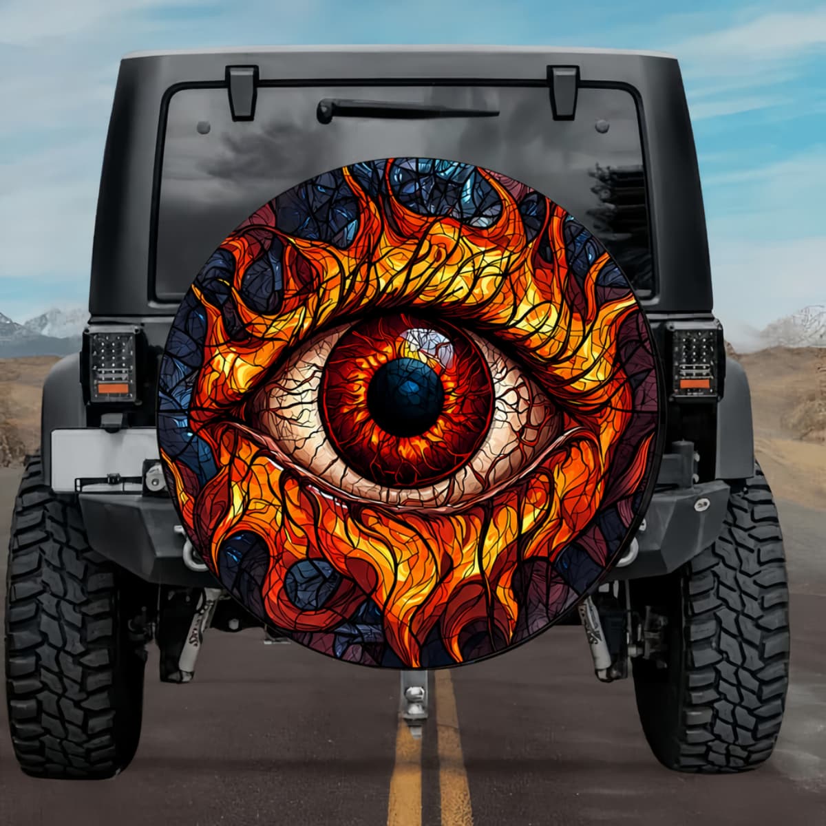 Gothic Eyeball Blazing Flames Veins Cobalt Blue Stained Glass Spare Tire Cover