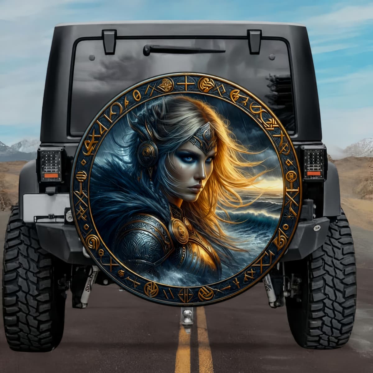 Gothic Valkyrie Queen Sigrun Norse Runes Ocean Shield Spare Tire Cover